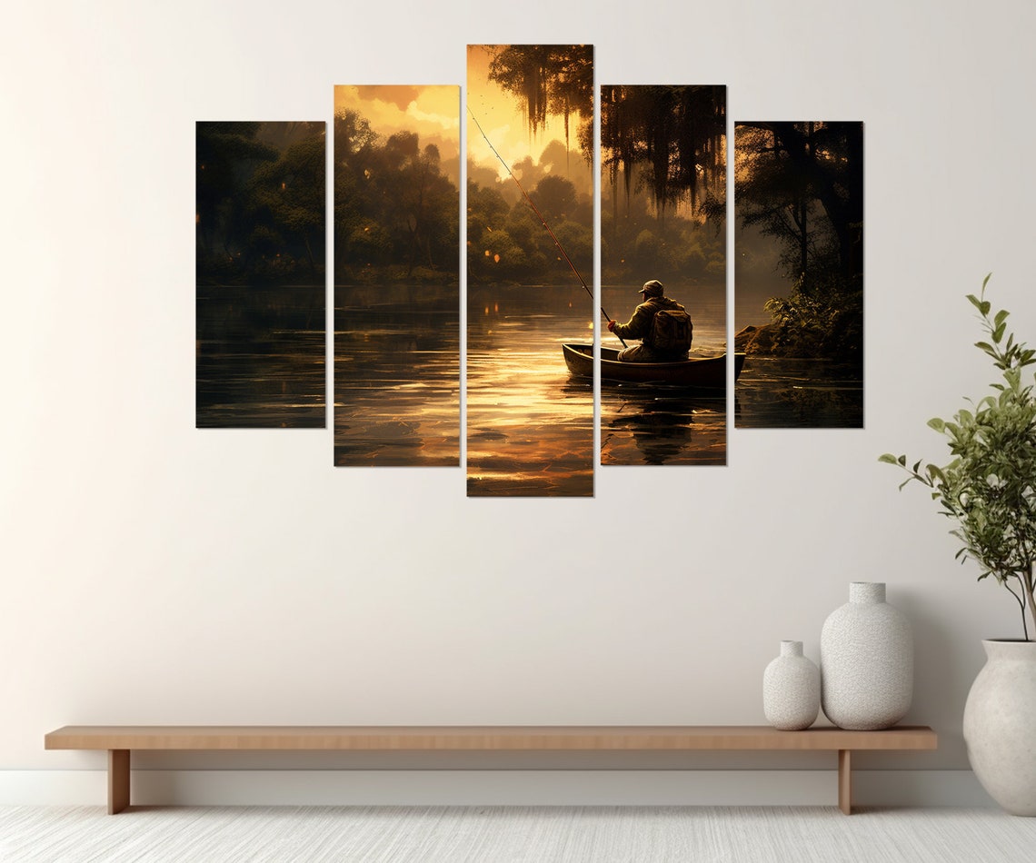 Fishing Boat On Lake Painting Print Fishing Wall Art Fisherman In Boat Poster Fisherman Gift Framed And Ready To Hang - Image 4