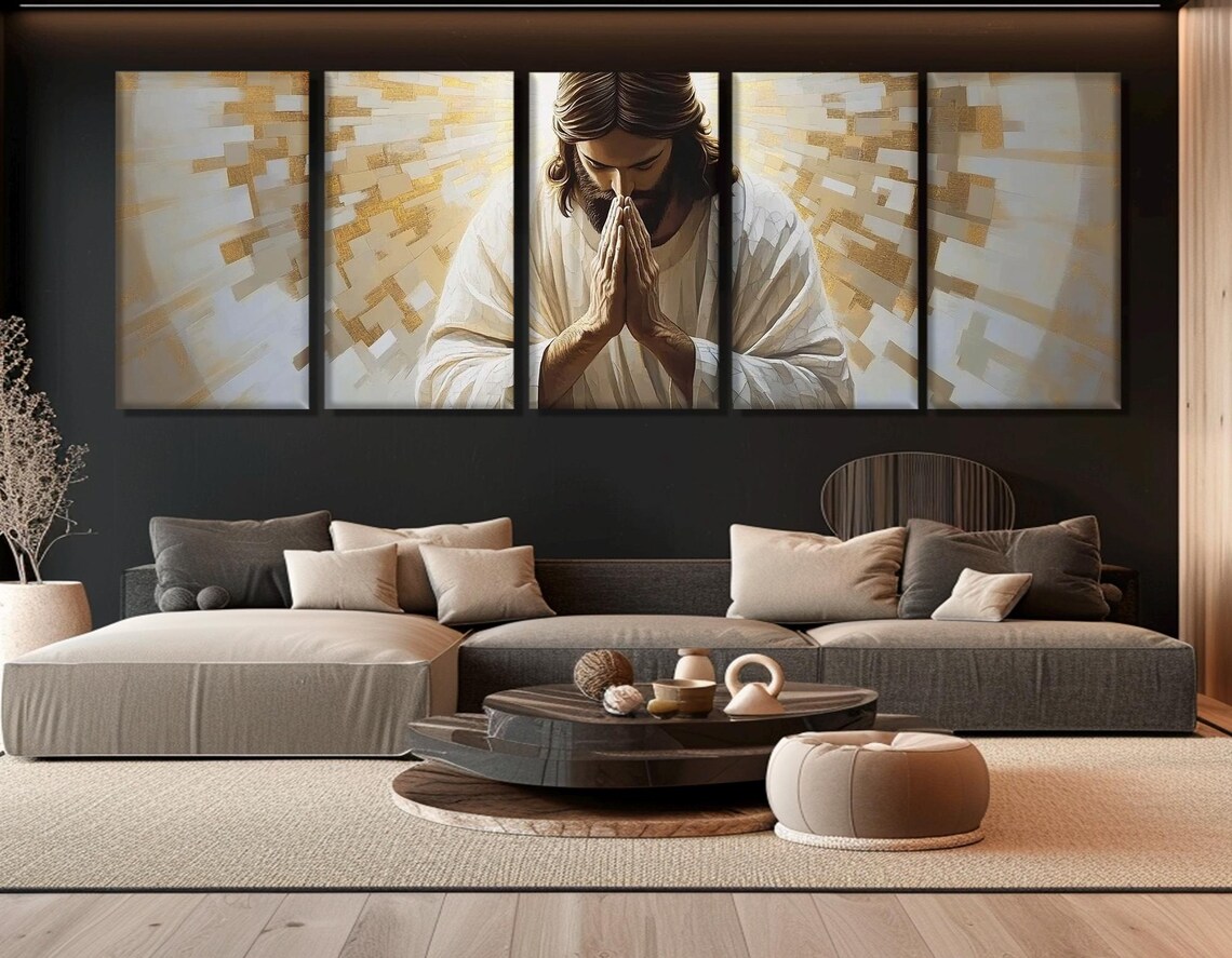 Praying Jesus Christ Golden Mosaic Halo Serene Hands Devotional Wall Poster - Image 3