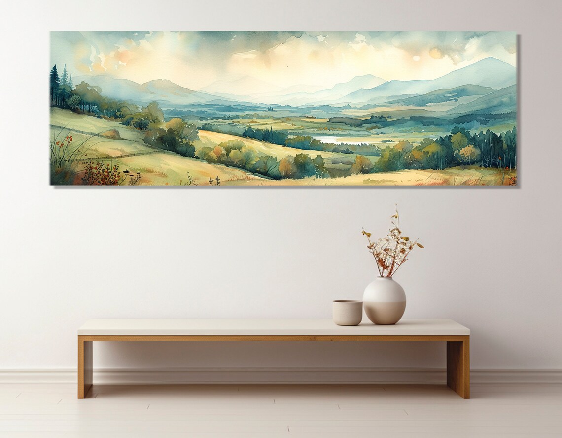 Neutral Green Meadow Landscape Art Print, Rustic Decor