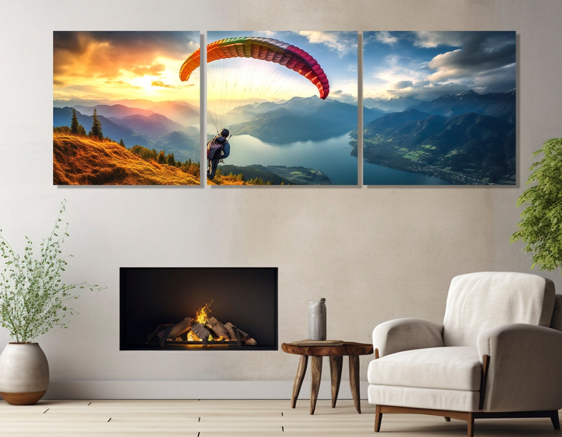 Paraglider Soaring Over Mountain Lake Sunset Thrilling Sports Poster - Image 2