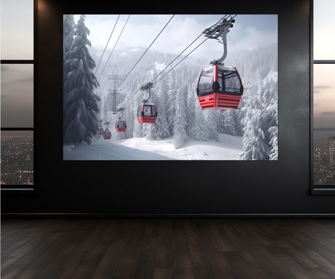 Ski Lift Winter Scenic Art Print, Seasonal Decor