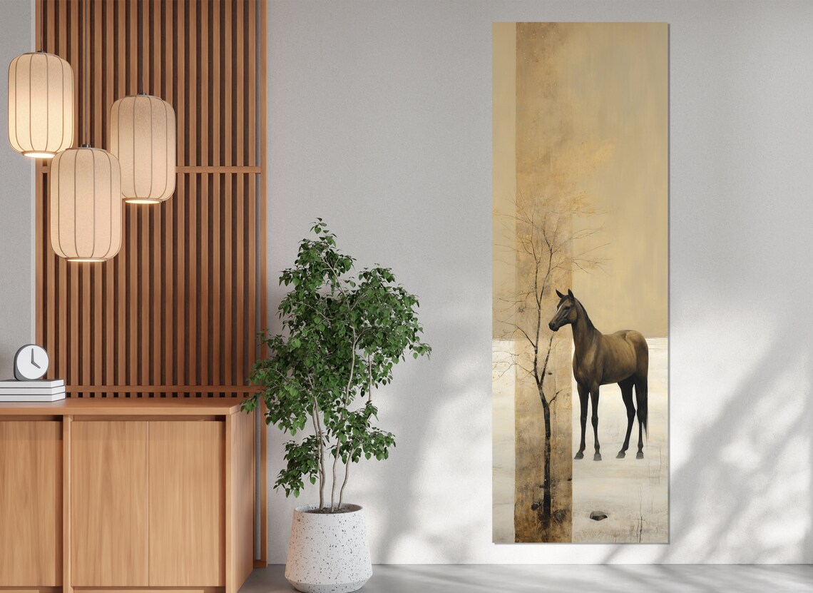 Lone Horse Misty Golden Minimalist Landscape Serene Equine Poster