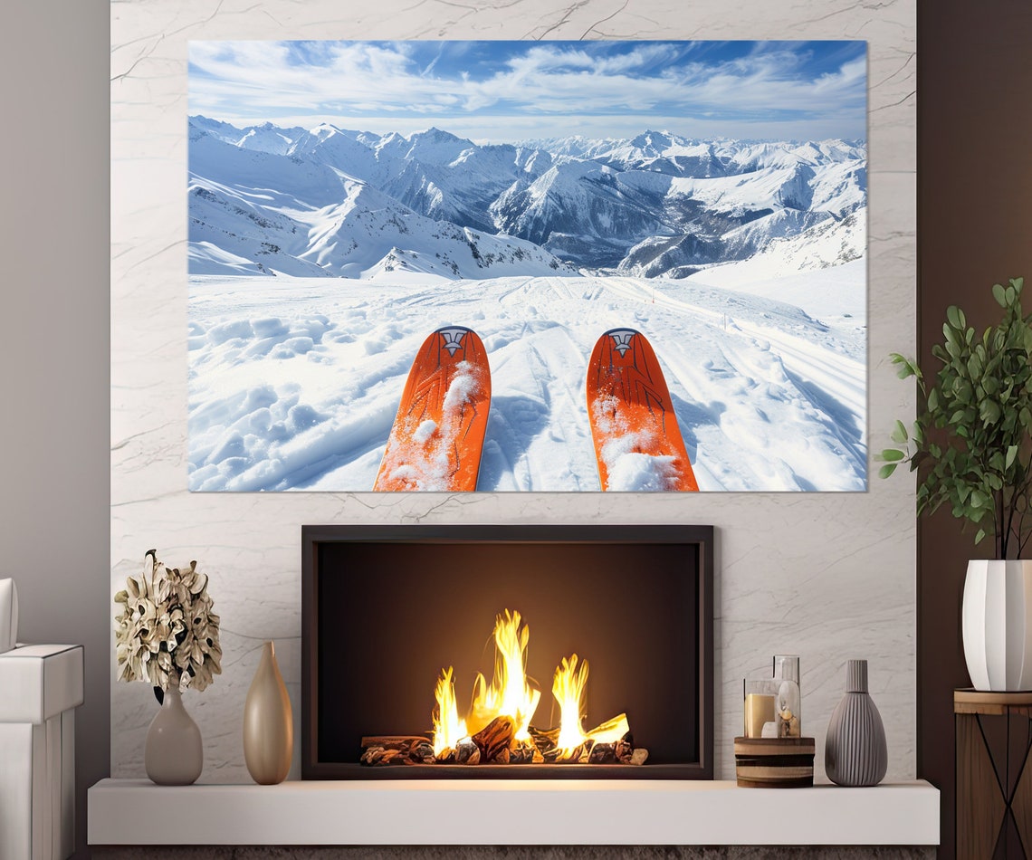 Orange Ski Tips Snowy Mountain Peaks First Person View Alpine Poster