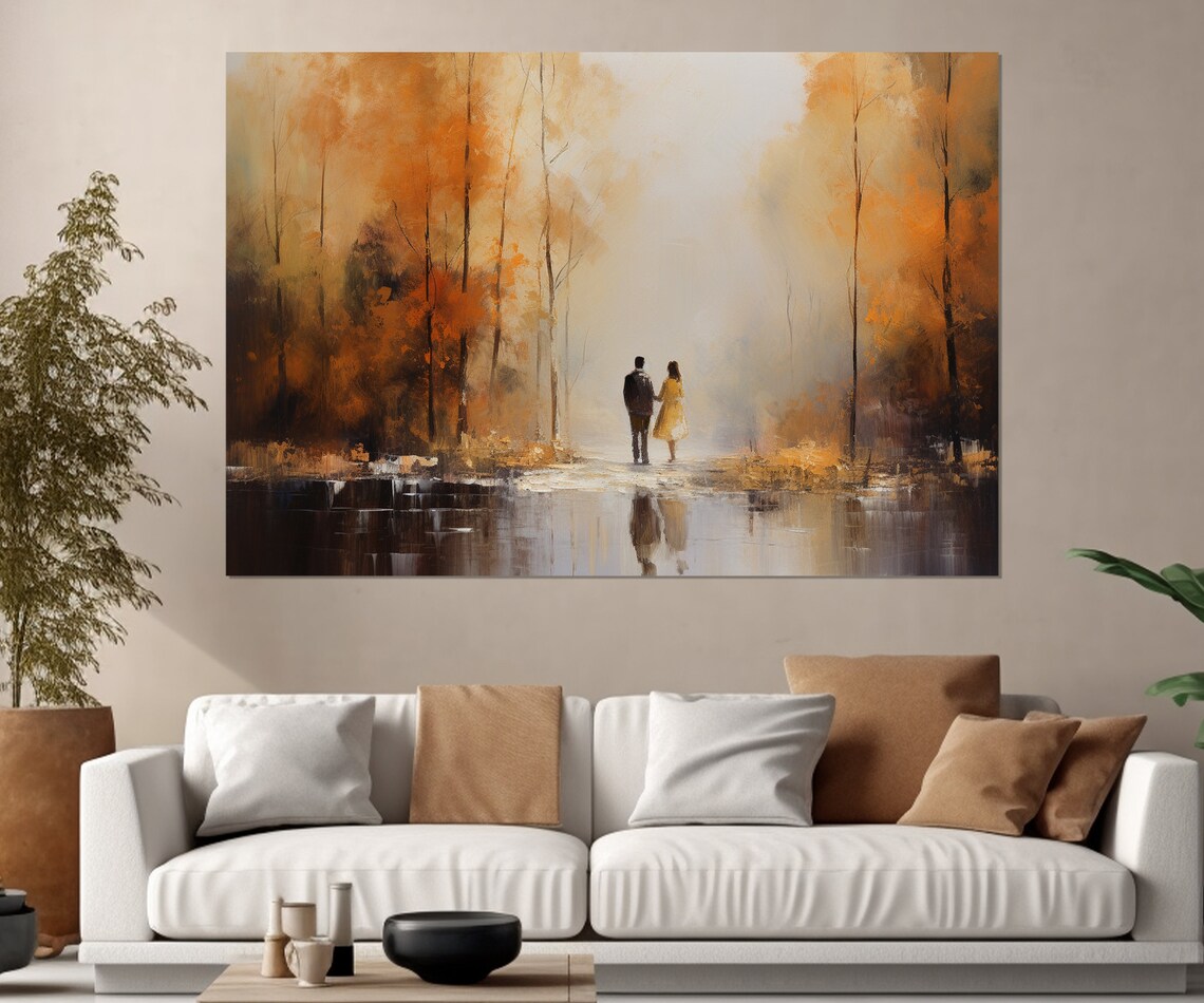 Romantic Couple In Misty Autumn Forest Lake Reflection Painting Poster