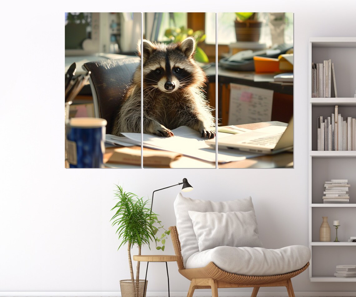 Funny Raccoon Office Worker at Desk with Laptop Funny Animal Wall Art Poster - Image 4