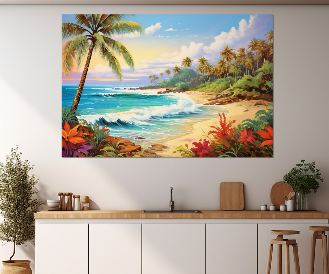 Tropical Beach Painting, Colorful Coast Art Print