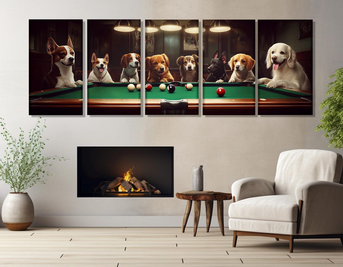 Dogs Playing Billiards Pool Table Bar Room Panoramic Funny Poster - Image 3