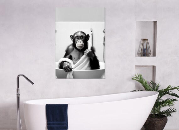 Chimpanzee In Bathtub Black And White Funny Bathroom Wall Art Poster