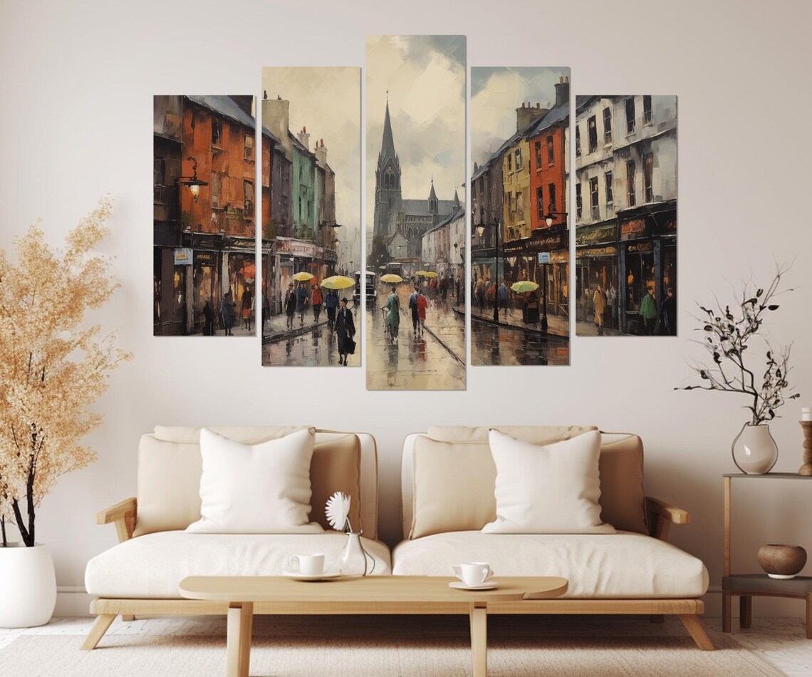 Dublin Ireland Rainy Old Town Street Umbrellas Church Spire Art Poster - Image 3