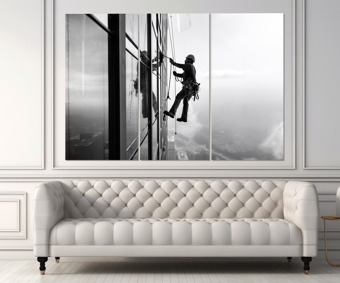 Skyscraper Window Washer Black And White Dramatic Height Photo Poster - Image 2
