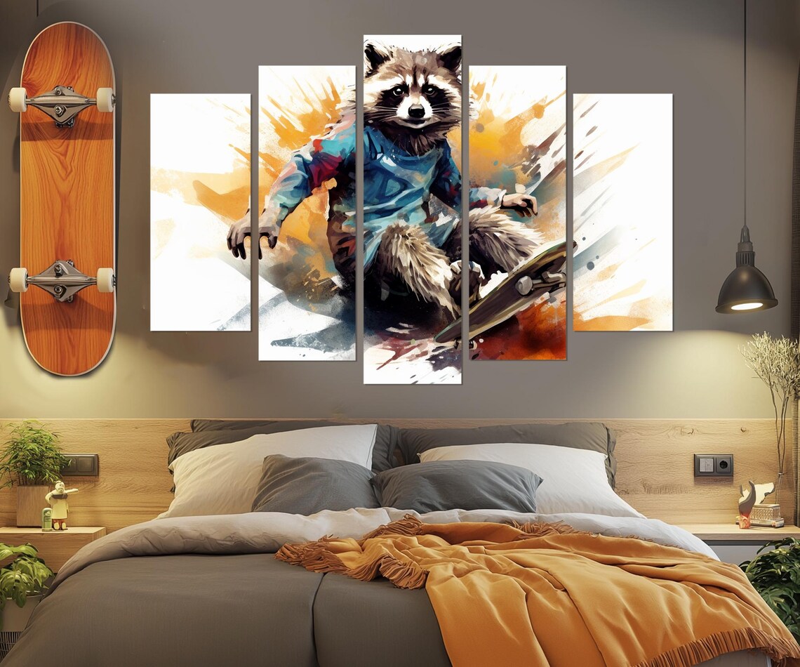 Pop Art Raccoon Skateboarder Watercolor Splash Skateboard Trick Poster - Image 4