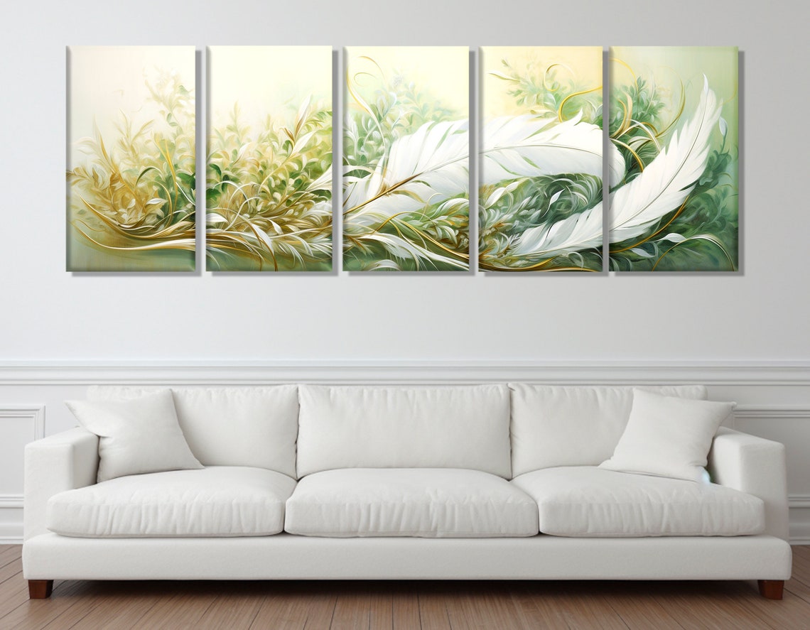 White Feathers Green Botanical Abstract Painting Panoramic Wall Art - Image 3
