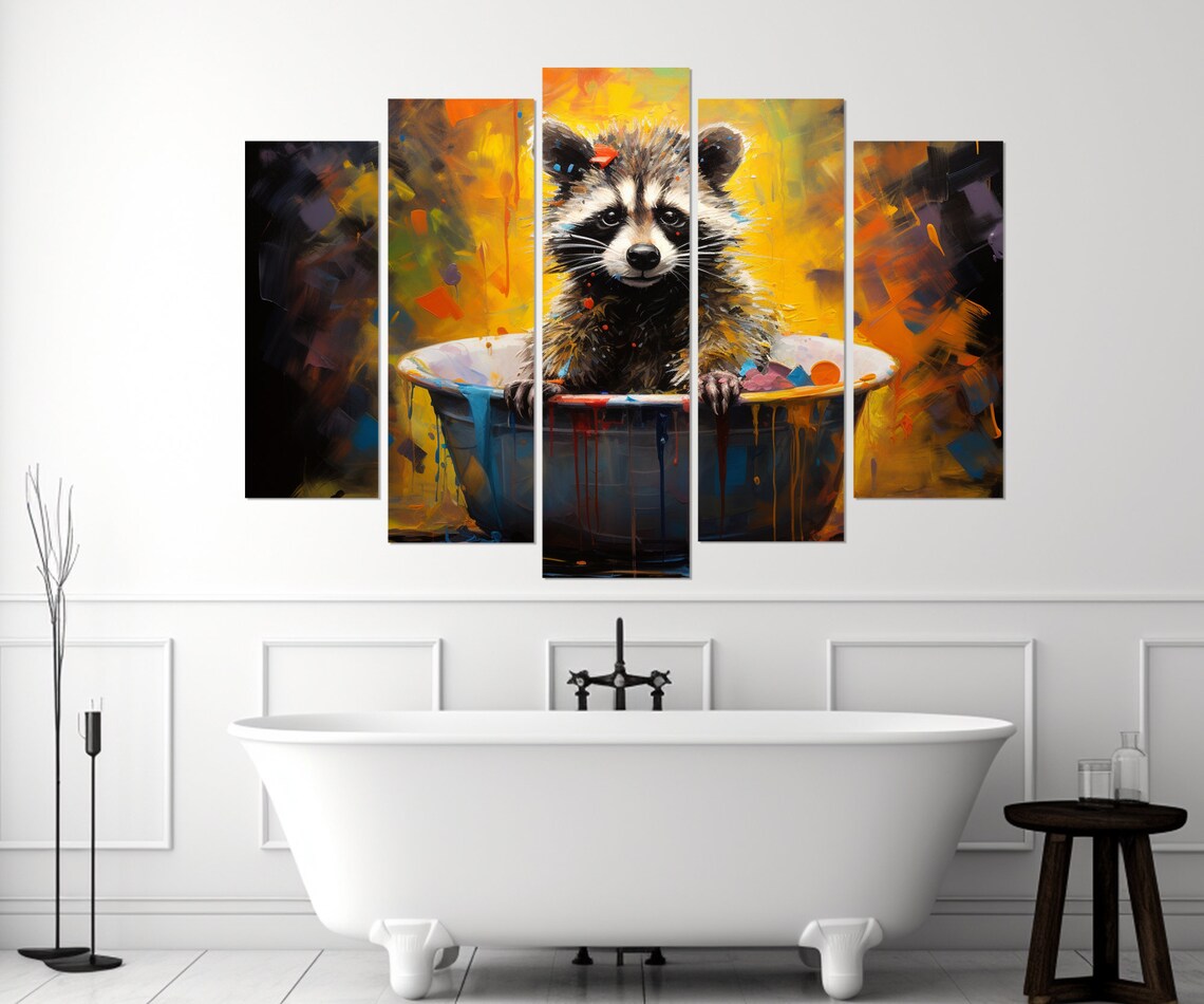 Cute Baby Raccoon Bathing In A Tub Of Colorful Paint Drops Poster - Image 2
