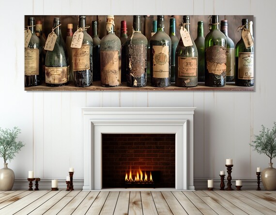 Vintage Wine Bottles Old Cellar Shelf Aged Labels Collection Wall Art Print