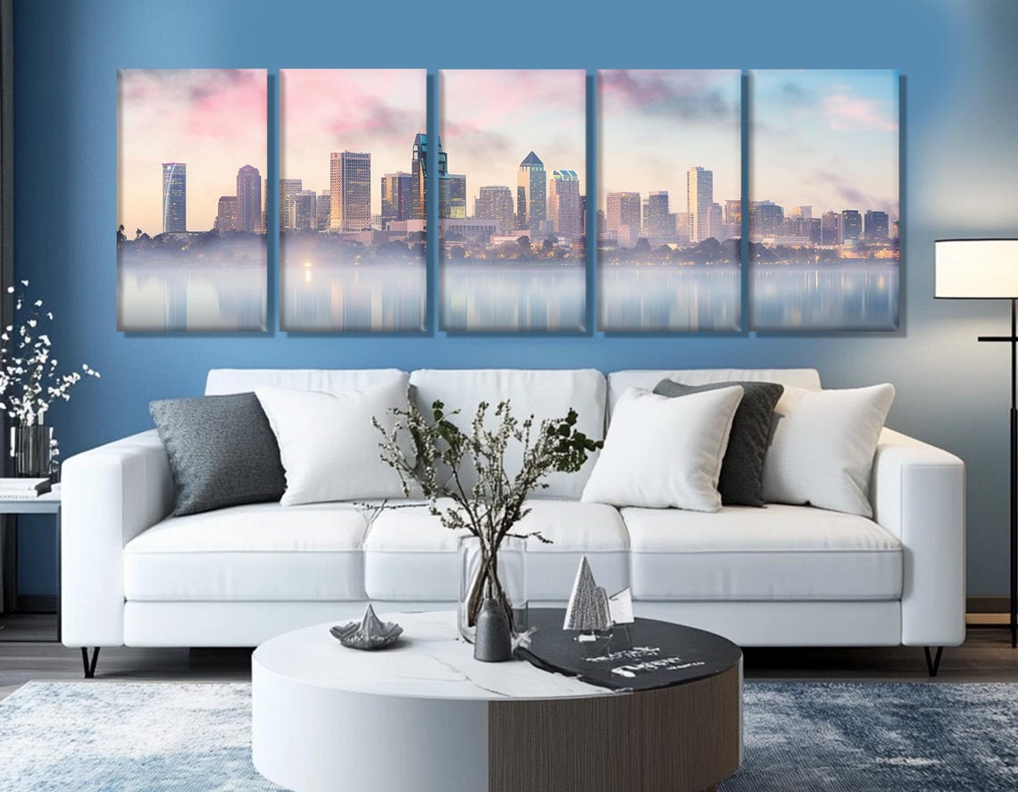 San Diego Misty Skyline Triptych Pink Dawn Calm Bay Reflection Poster - Image 3