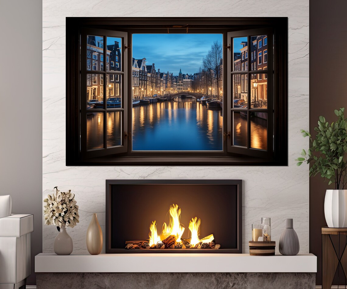 Amsterdam Canal Blue Hour Open Window Lit Houses Bridge View Poster