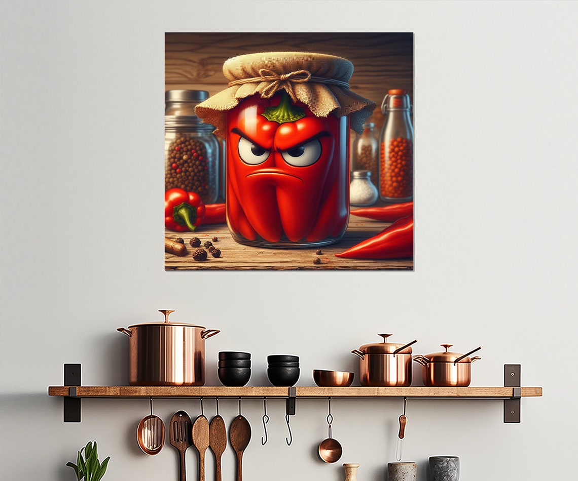 Angry Red Pepper Pickle Jar Rustic Kitchen Funny Wall Art Decor Print - Image 4