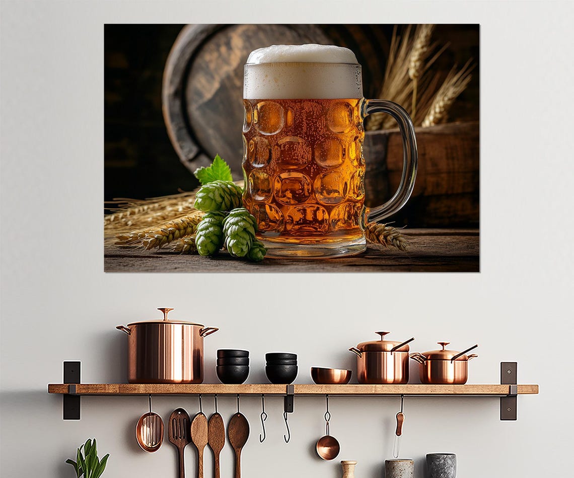 Frosty Beer Stein Glass Mug Hops Wheat Rustic Pub Bar Kitchen Poster - Image 2