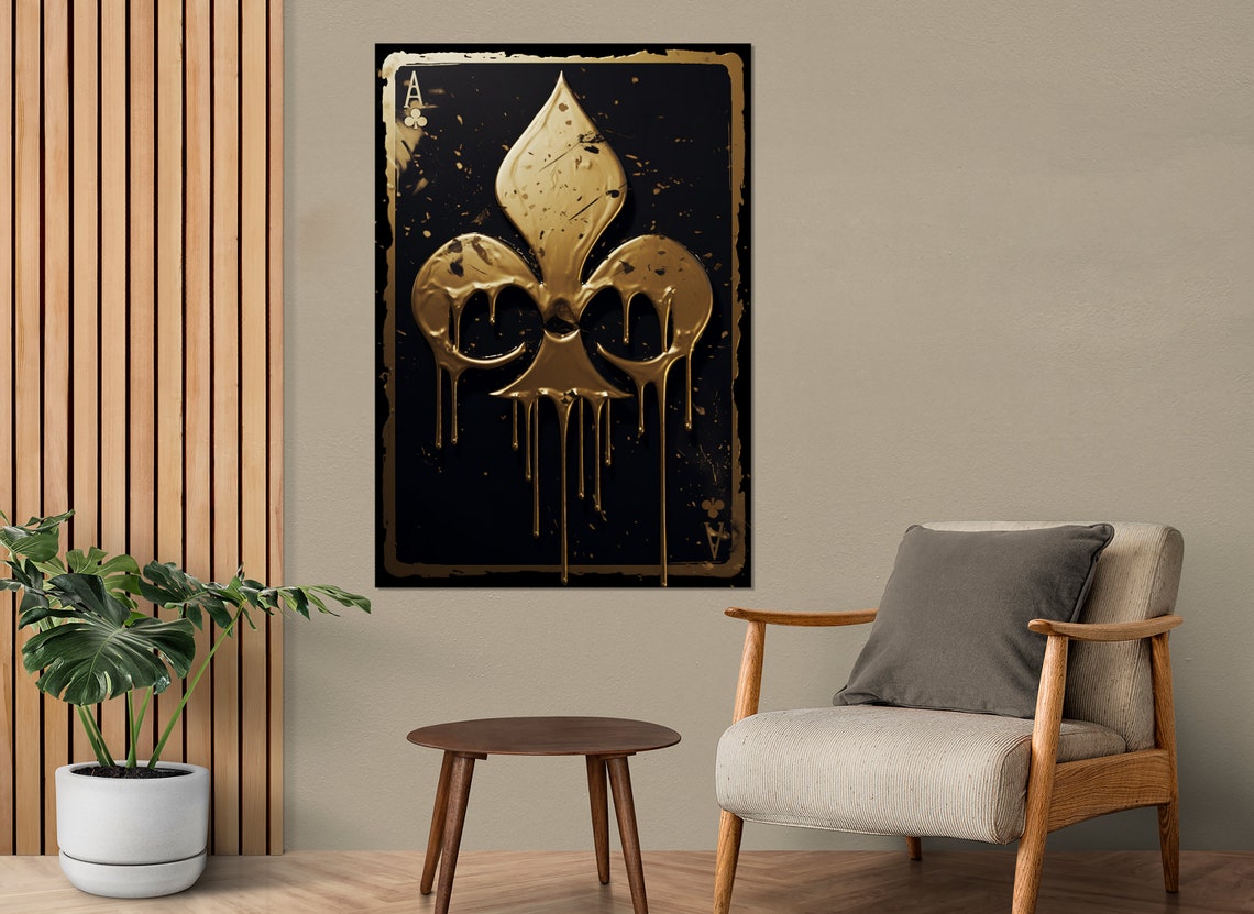 Ace Of Clubs Print Poker Wall Art Card Player Gift Golden Ace Of Clubs Painting Framed And Ready To Hang - Image 3