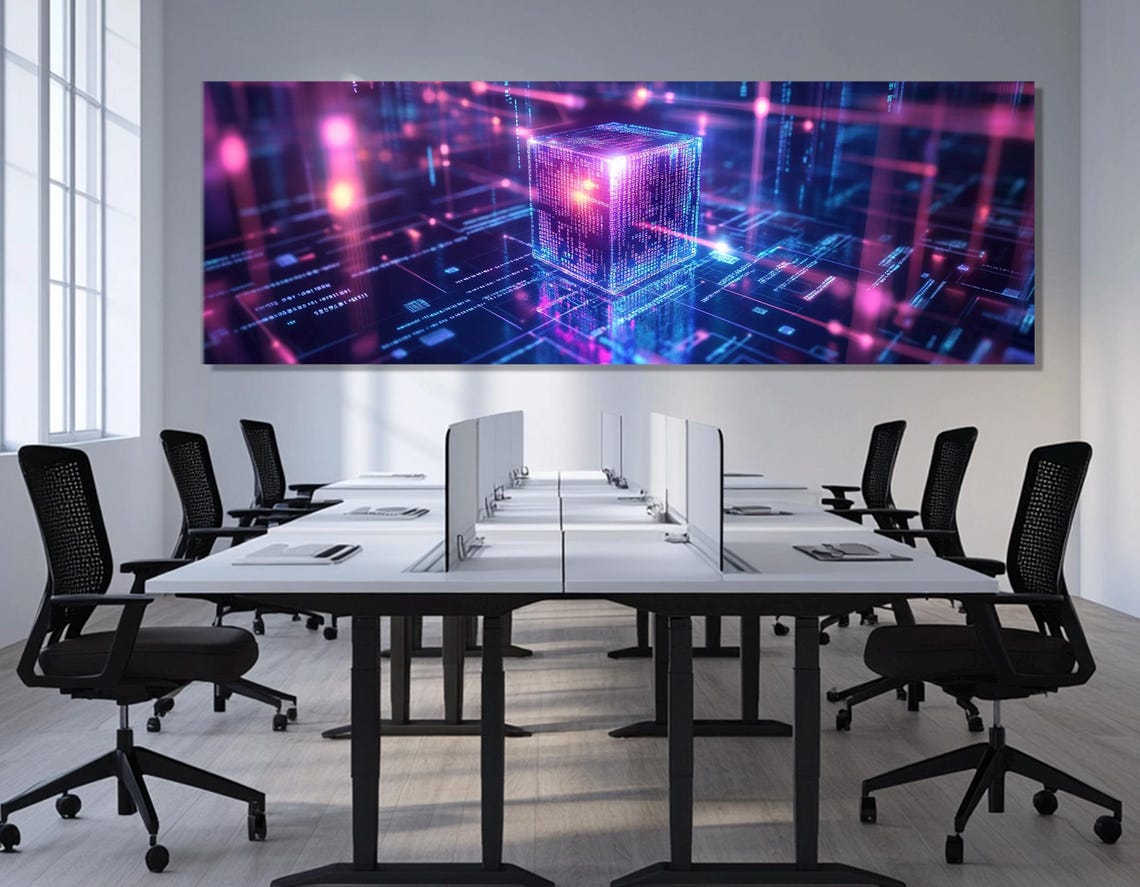 Futuristic Neon Digital Cube Cyber Grid Blue Pink Tech Art Poster