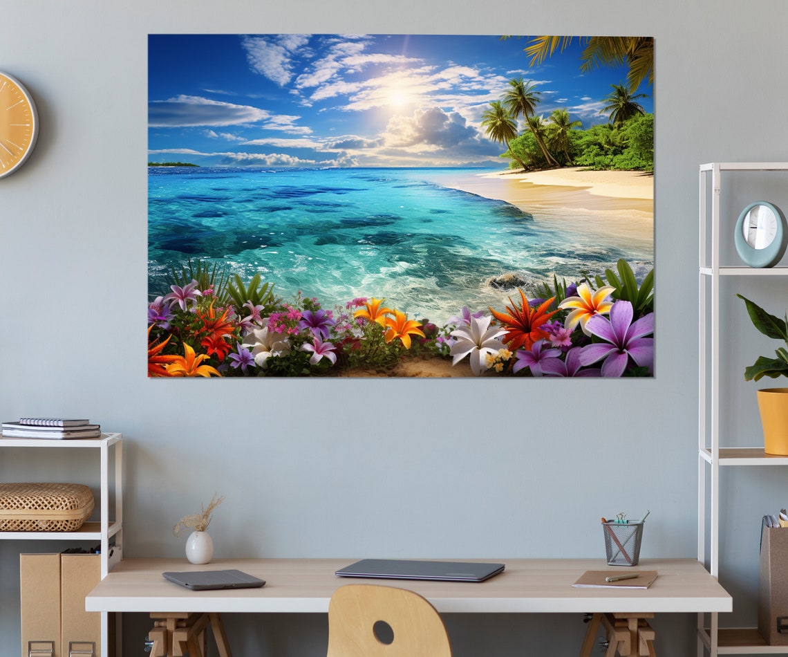 Tropical Beach Turquoise Water Colorful Flowers Paradise Poster - Image 3