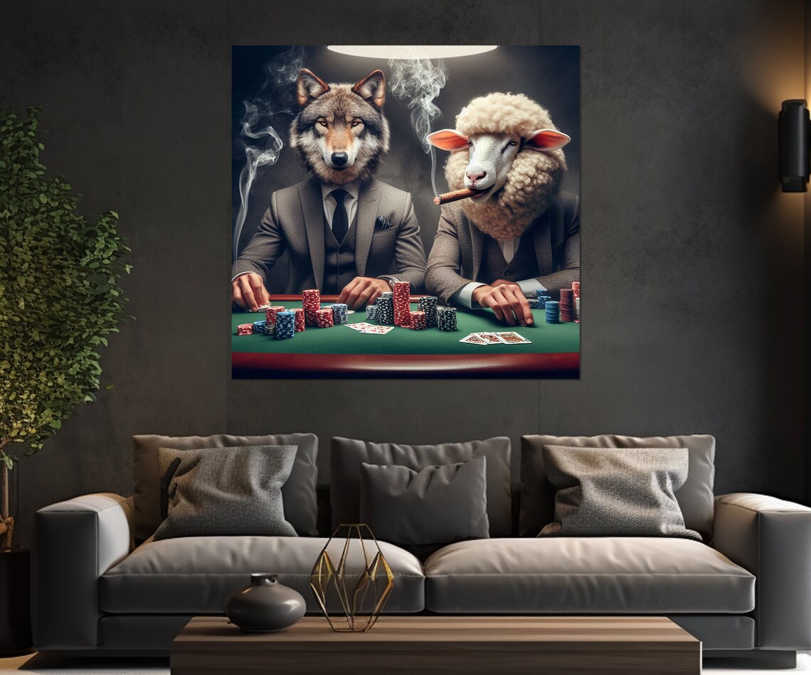 Wolf And Sheep Playing Poker Funny Casino Card Game Night Poster - Image 2