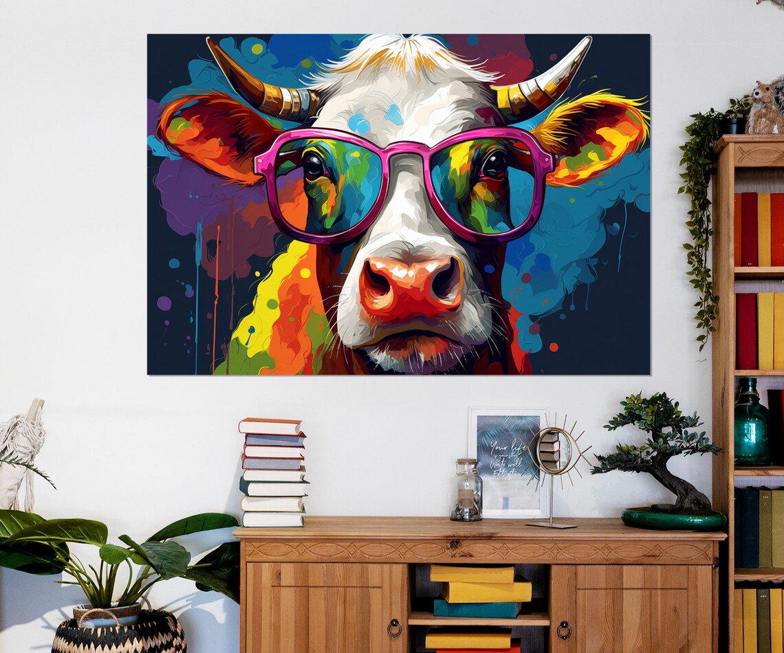 Colorful Cow Wearing Pink Glasses Fun Pop Art Animal Portrait Poster - Image 2