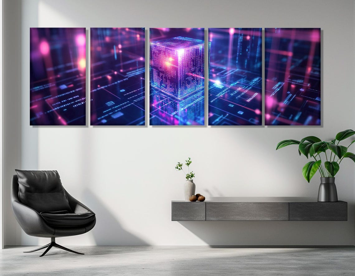 Futuristic Neon Digital Cube Cyber Grid Blue Pink Tech Art Poster - Image 3