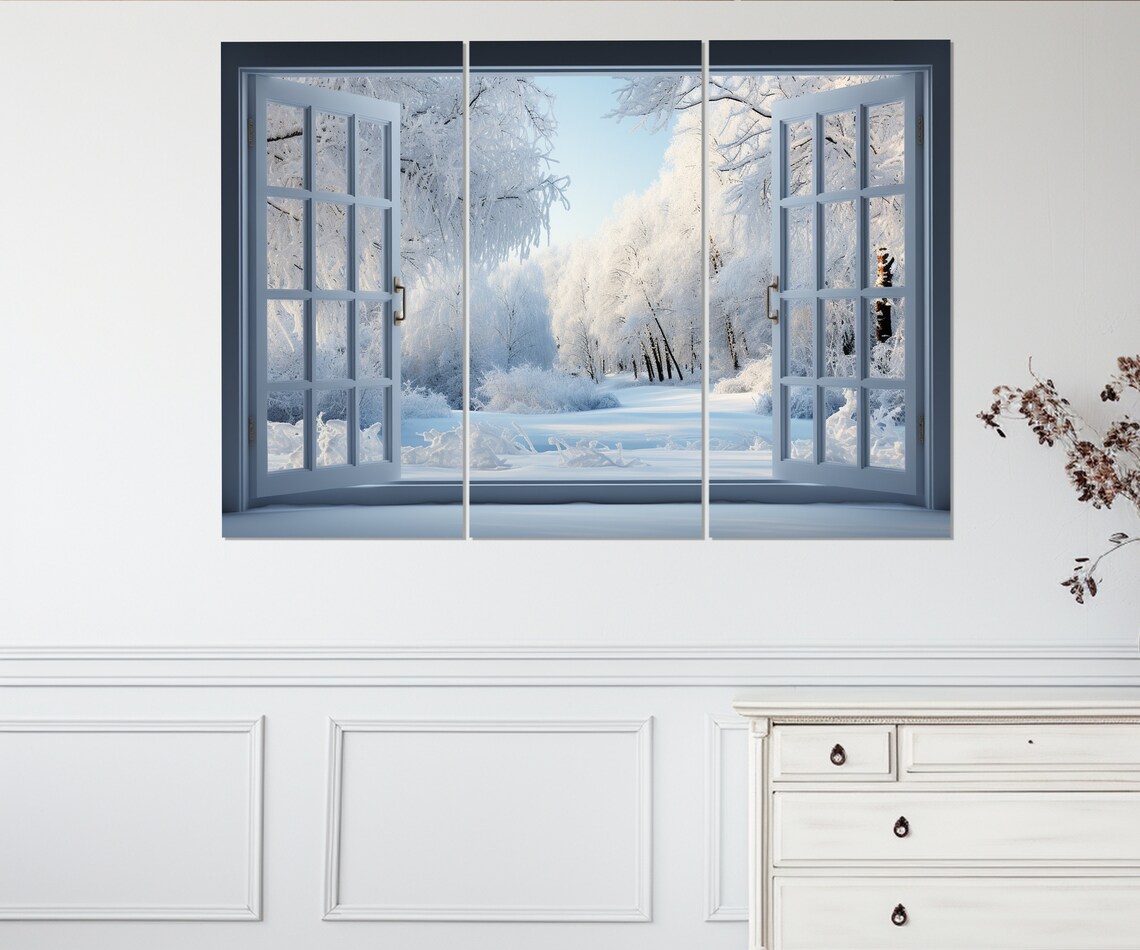 Open Window With Winter Forest View, Winter Art Print - Image 3