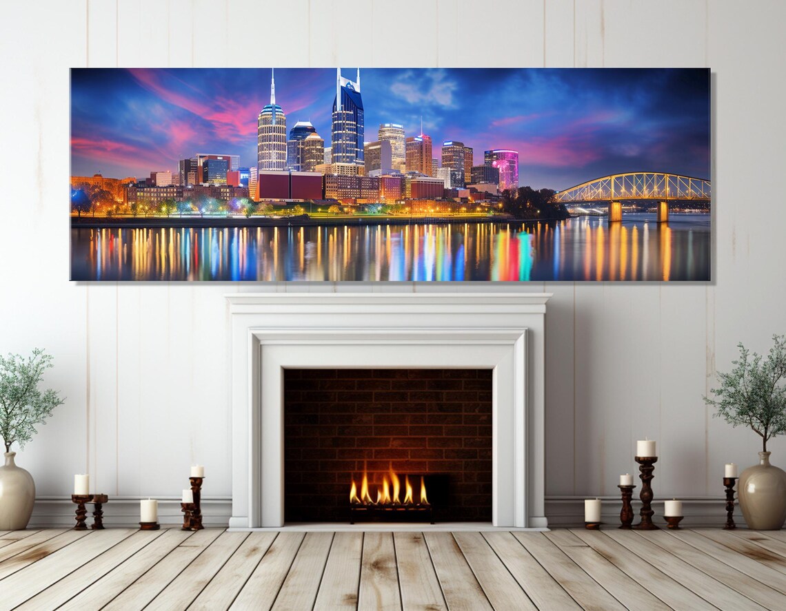 Nashville Skyline At Dusk With Cumberland River Lights Bridge Poster