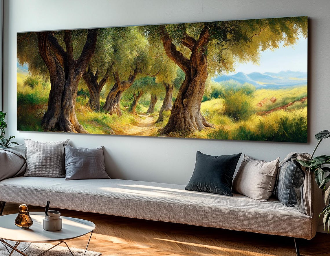 Majestic Ancient Olive Trees Green Meadow Path Panoramic Poster - Image 2