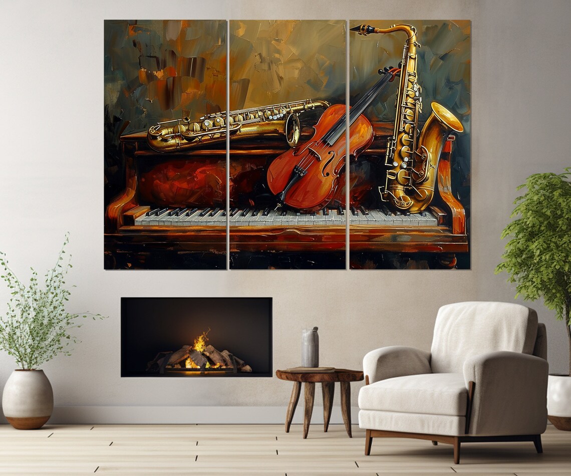 Vintage Musical Instruments Art Print, Piano Violin Saxophone - Image 4