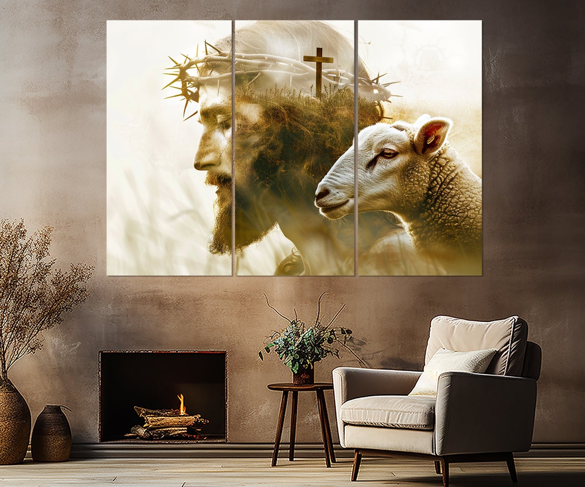 Jesus Christ And The Lamb Crown Of Thorns Cross Religious Wall Art - Image 4
