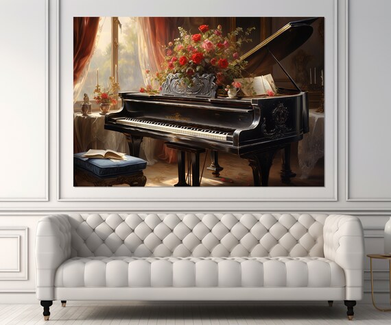 Vintage Grand Piano With Red Roses Elegant Music Room Painting Wall Poster