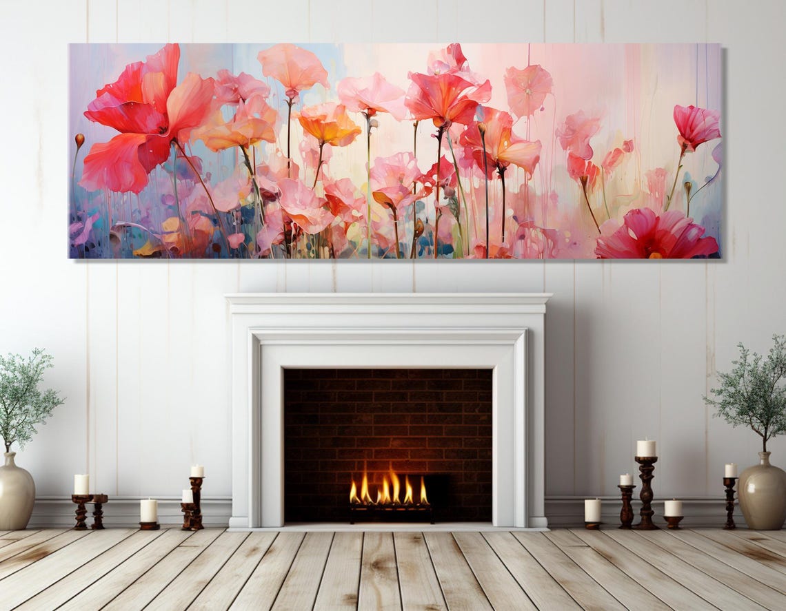 Soft Pink Wildflowers Watercolor Blooming Poppy Triptych Wall Art - Image 2