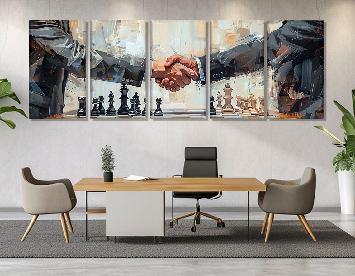 Business Deal Handshake Chess Triptych Painting Modern Office Poster - Image 3
