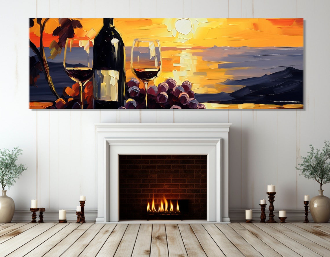 Wine Bottle Glasses Grapes Sunset Impasto Painting Kitchen Art Print - Image 2