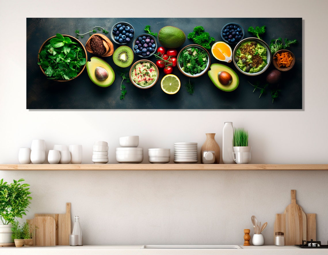 Fresh Healthy Food Flat Lay Avocado Berries Dark Kitchen Wall Art