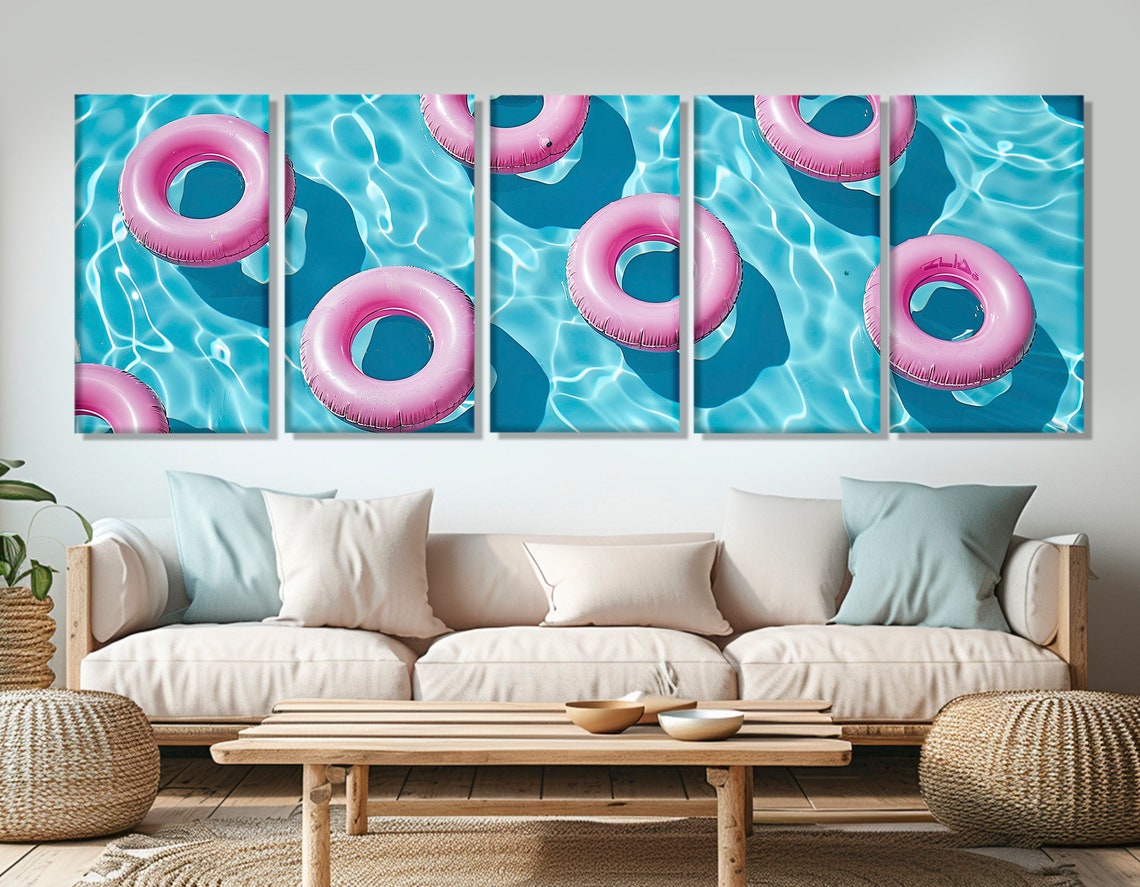 Pink Pool Floats Turquoise Water Top Down Summer Aerial View Poster - Image 4