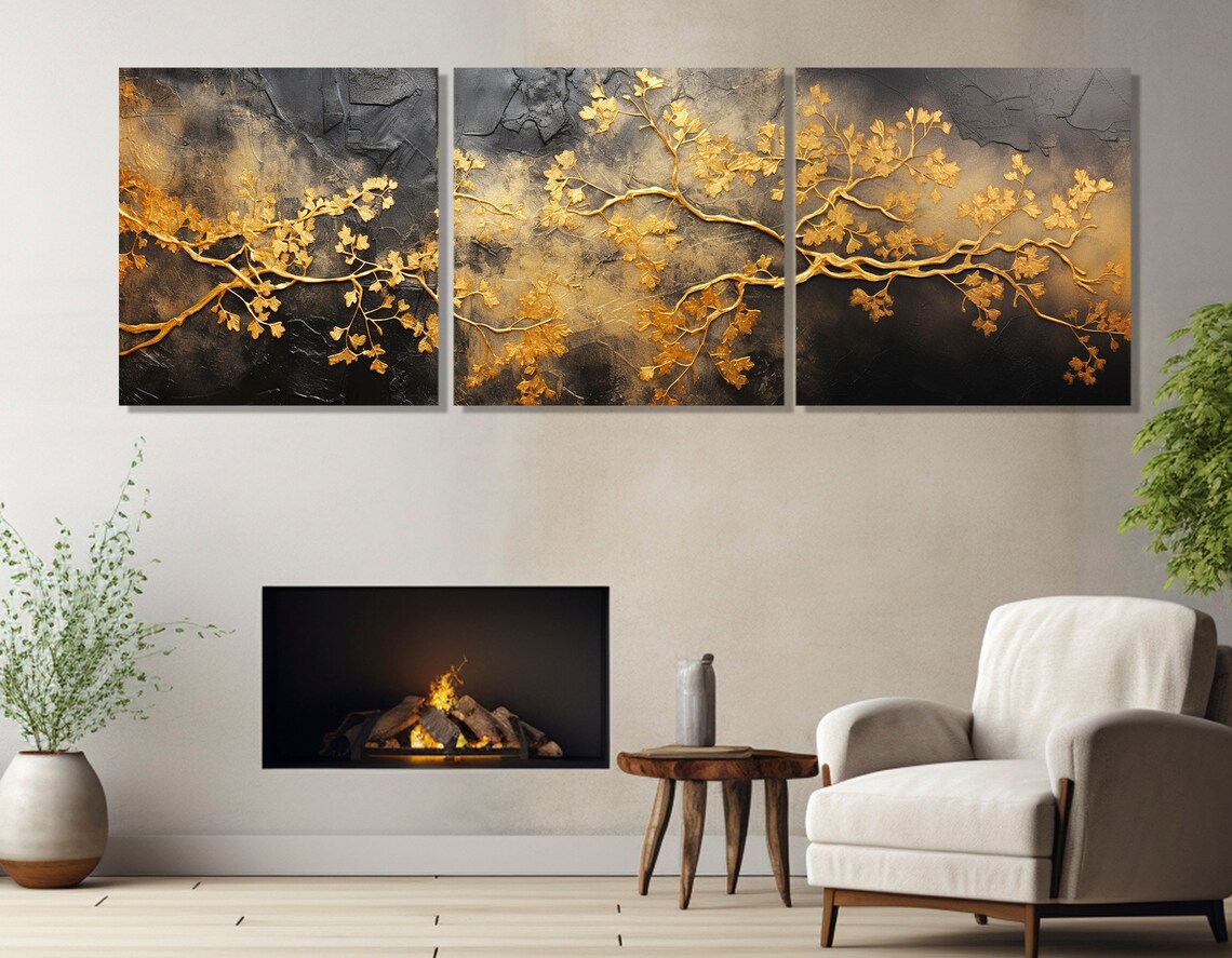Golden Tree Branch Abstract Art Print, Black Background - Image 2