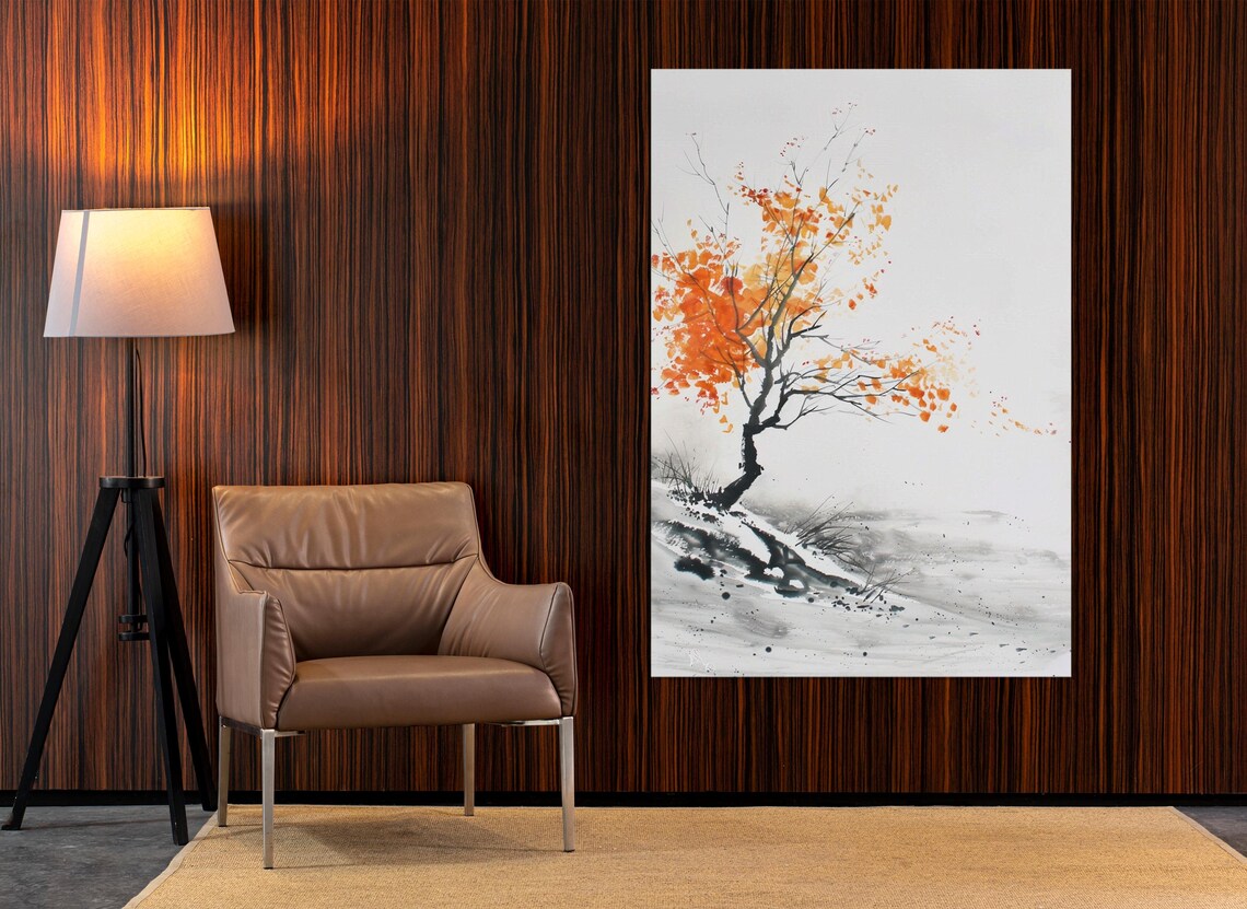 Orange Autumn Tree Ink Wash Asian Style Minimalist Nature Art Poster