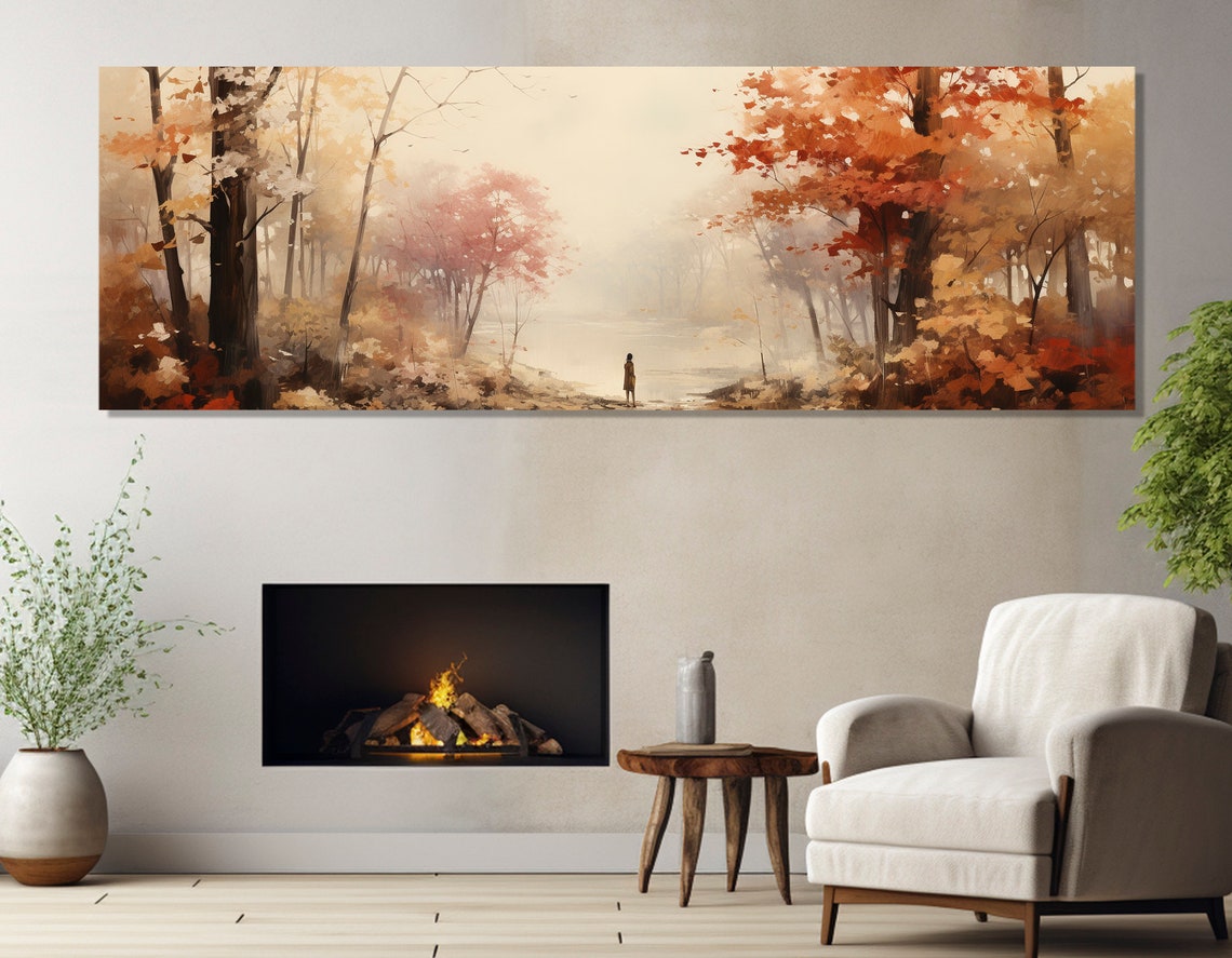 Autumn Forest Lone Figure Misty Lake Red Leaves Panoramic Poster