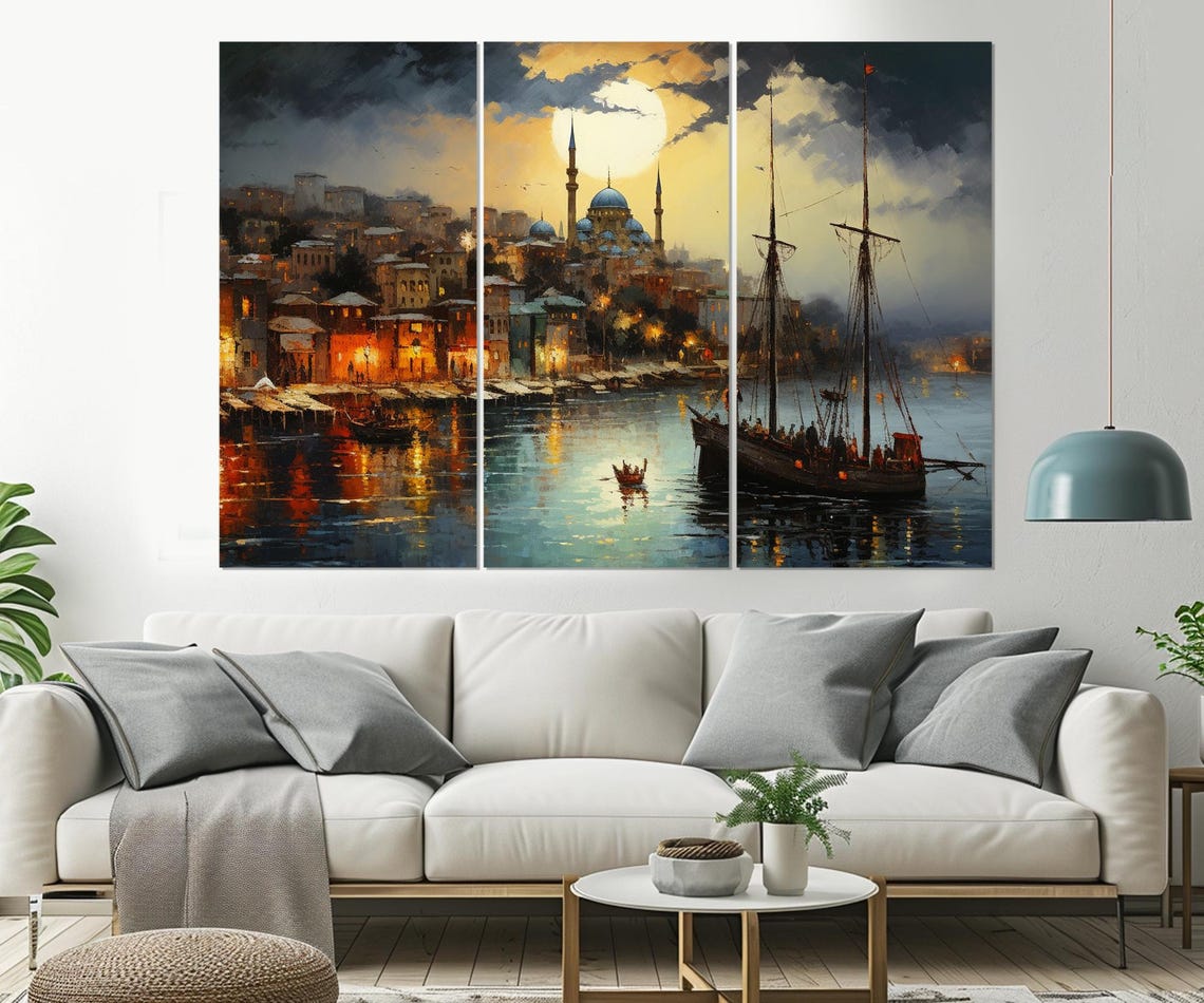 Istanbul Turkey Harbor Mosque Moonlit Old Town Painting Travel Poster - Image 3