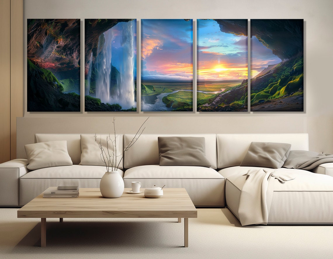 Scenic Waterfall Seljalandsfoss In Island Abstract Print Waterfall Painting Iceland Nature Poster Framed Ready To Hang - Image 3