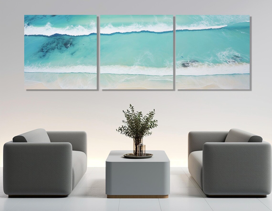Turquoise Ocean Waves Aerial View Sandy Beach Coastal Wall Art Poster - Image 4