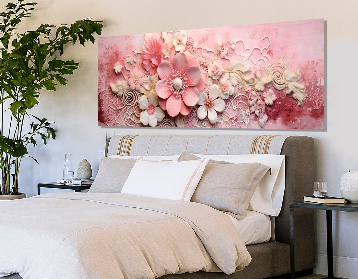 Pink 3D Floral Lace Rosy Background Romantic Panoramic Decor Wall Art - Image 3