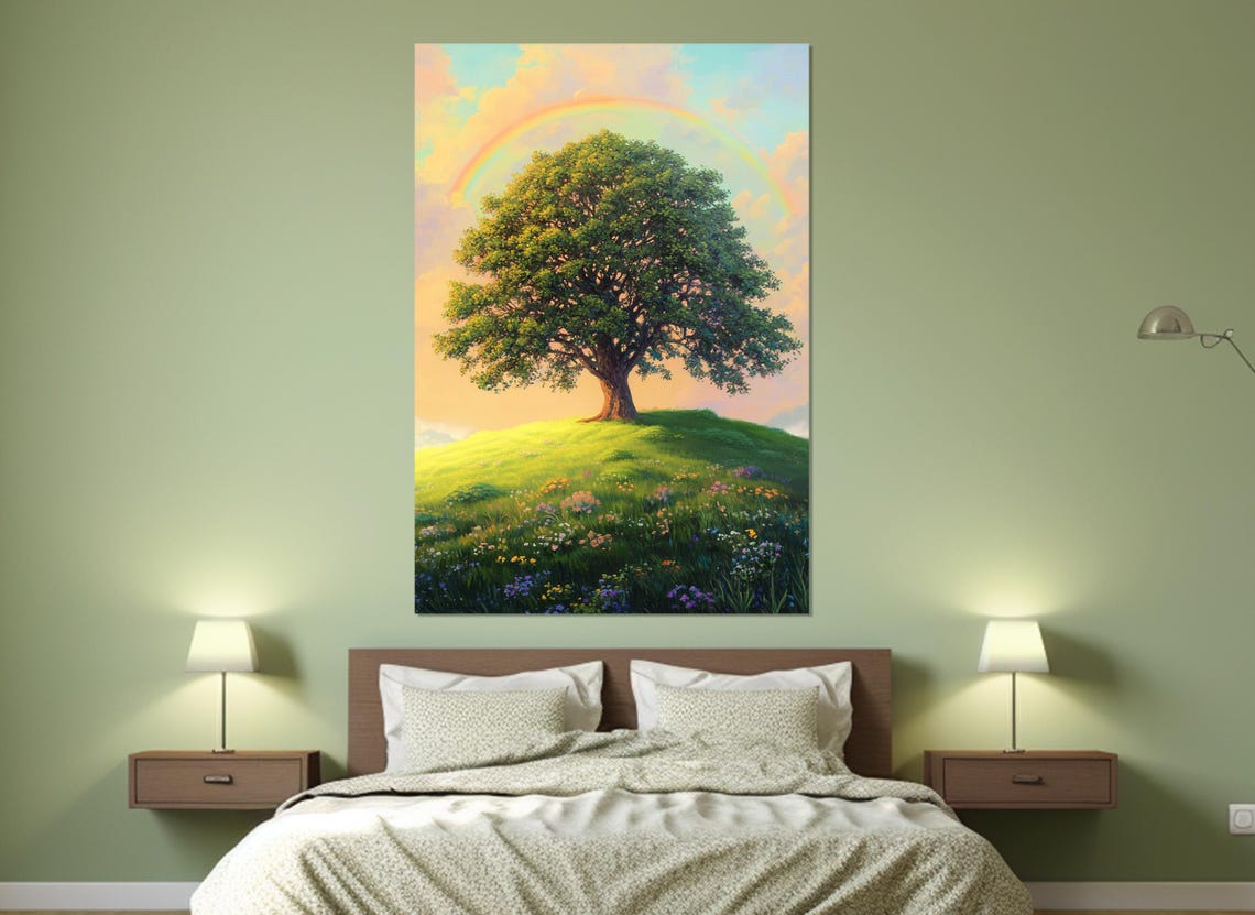 Lone Oak Tree on Flower Meadow Hill With Rainbow Pastel Sky Art Poster