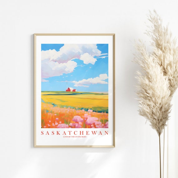 Saskatchewan Travel Poster, Retro Prairie Scenery Print