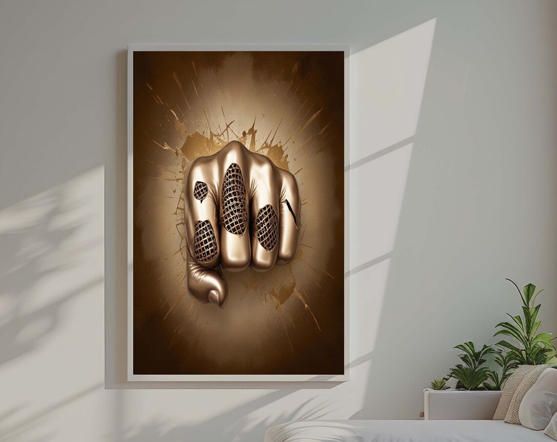 Golden Fist Punching Through Wall Metallic Power Strength Wall Art
