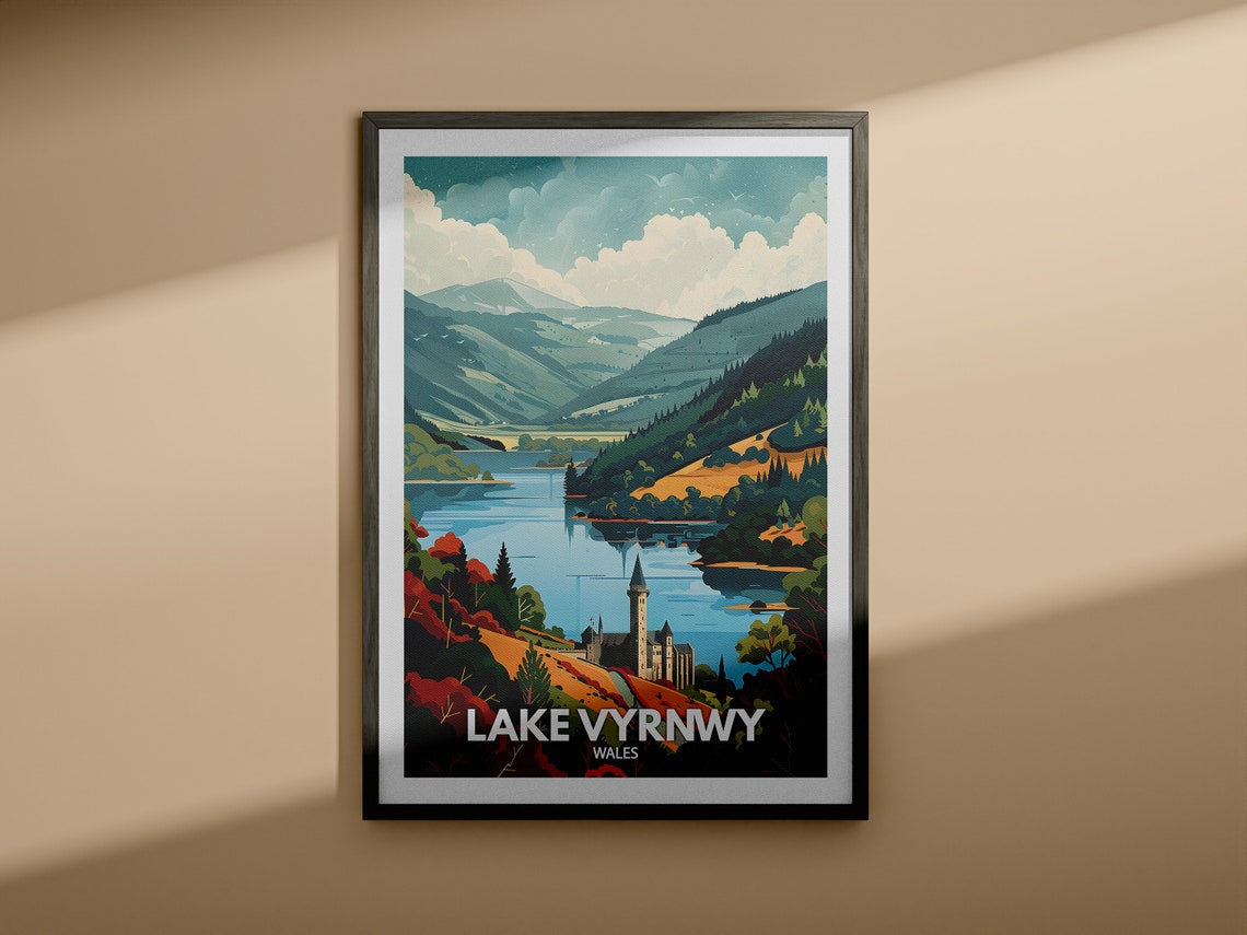 Lake Vyrnwy Print Wales Lake Vyrnwy Poster Wales Travel Poster Natural Lake Wall Art Lake View Art Decor Holiday Poster - Image 3